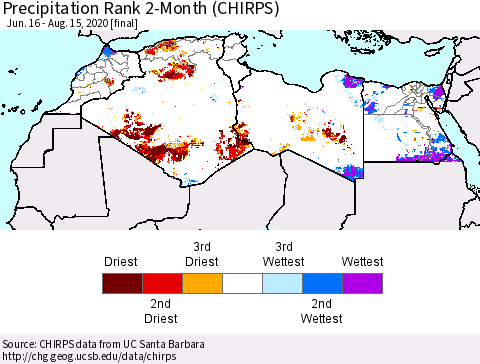 North Africa Precipitation Rank since 1981, 2-Month (CHIRPS) Thematic Map For 6/16/2020 - 8/15/2020