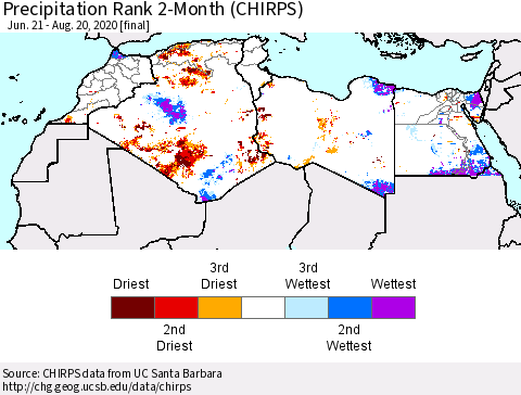 North Africa Precipitation Rank since 1981, 2-Month (CHIRPS) Thematic Map For 6/21/2020 - 8/20/2020