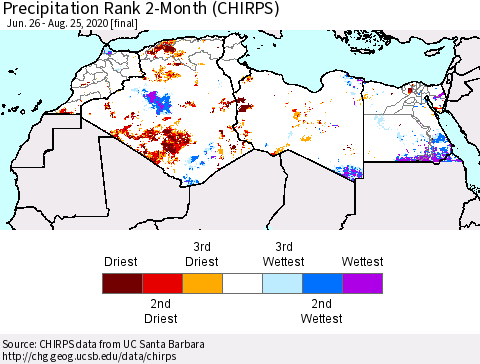 North Africa Precipitation Rank since 1981, 2-Month (CHIRPS) Thematic Map For 6/26/2020 - 8/25/2020