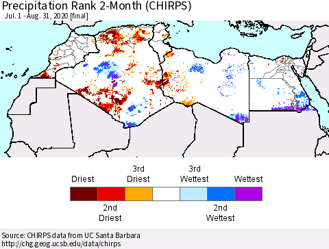 North Africa Precipitation Rank since 1981, 2-Month (CHIRPS) Thematic Map For 7/1/2020 - 8/31/2020