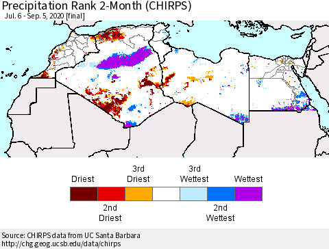 North Africa Precipitation Rank since 1981, 2-Month (CHIRPS) Thematic Map For 7/6/2020 - 9/5/2020