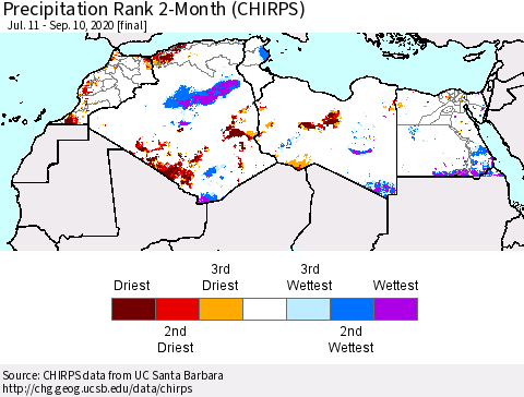 North Africa Precipitation Rank since 1981, 2-Month (CHIRPS) Thematic Map For 7/11/2020 - 9/10/2020