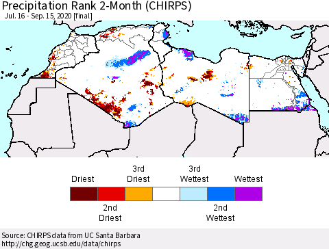 North Africa Precipitation Rank since 1981, 2-Month (CHIRPS) Thematic Map For 7/16/2020 - 9/15/2020