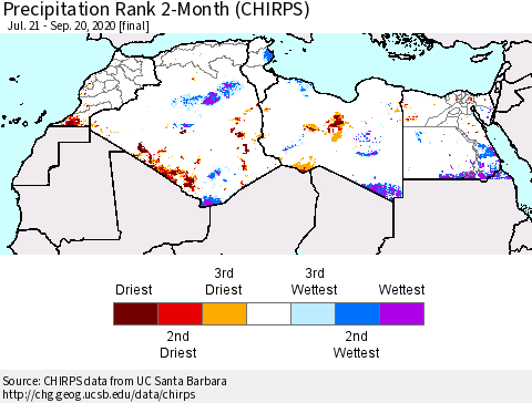 North Africa Precipitation Rank since 1981, 2-Month (CHIRPS) Thematic Map For 7/21/2020 - 9/20/2020