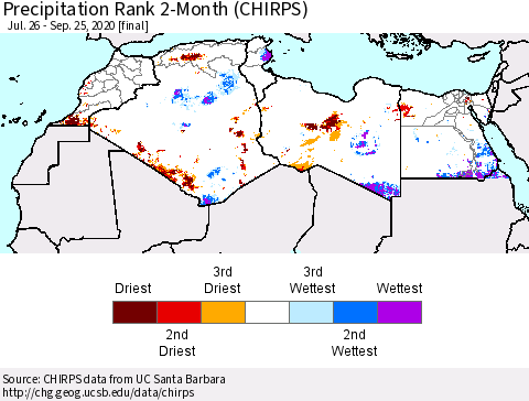 North Africa Precipitation Rank since 1981, 2-Month (CHIRPS) Thematic Map For 7/26/2020 - 9/25/2020