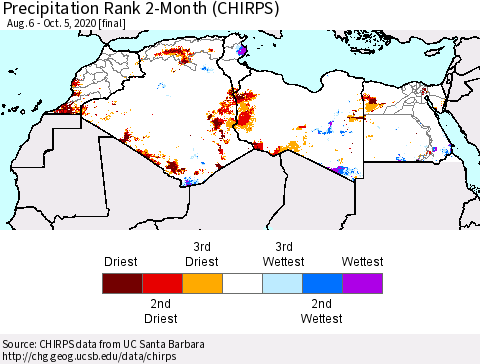 North Africa Precipitation Rank since 1981, 2-Month (CHIRPS) Thematic Map For 8/6/2020 - 10/5/2020