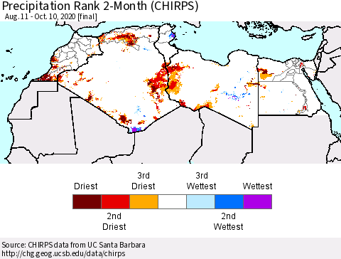 North Africa Precipitation Rank since 1981, 2-Month (CHIRPS) Thematic Map For 8/11/2020 - 10/10/2020