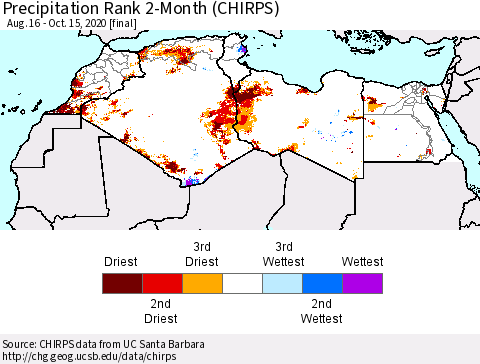 North Africa Precipitation Rank since 1981, 2-Month (CHIRPS) Thematic Map For 8/16/2020 - 10/15/2020