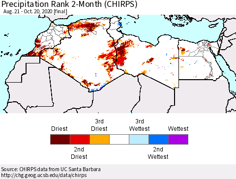 North Africa Precipitation Rank since 1981, 2-Month (CHIRPS) Thematic Map For 8/21/2020 - 10/20/2020
