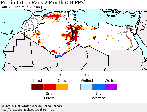 North Africa Precipitation Rank since 1981, 2-Month (CHIRPS) Thematic Map For 8/26/2020 - 10/25/2020