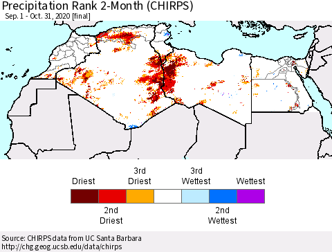North Africa Precipitation Rank since 1981, 2-Month (CHIRPS) Thematic Map For 9/1/2020 - 10/31/2020