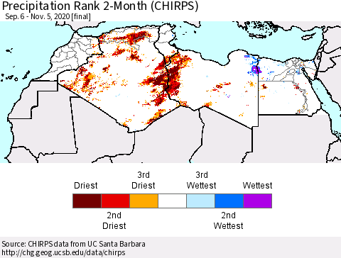North Africa Precipitation Rank since 1981, 2-Month (CHIRPS) Thematic Map For 9/6/2020 - 11/5/2020