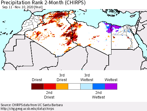 North Africa Precipitation Rank since 1981, 2-Month (CHIRPS) Thematic Map For 9/11/2020 - 11/10/2020