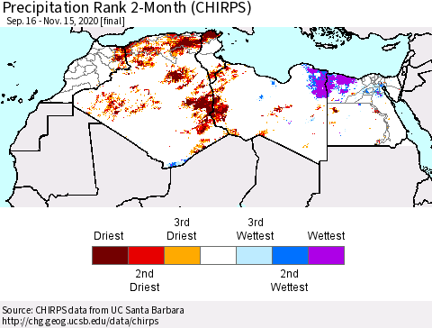 North Africa Precipitation Rank since 1981, 2-Month (CHIRPS) Thematic Map For 9/16/2020 - 11/15/2020