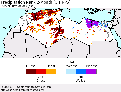 North Africa Precipitation Rank since 1981, 2-Month (CHIRPS) Thematic Map For 9/21/2020 - 11/20/2020