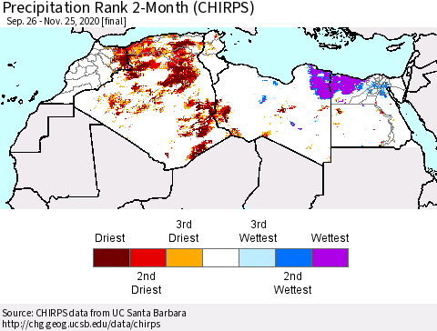 North Africa Precipitation Rank since 1981, 2-Month (CHIRPS) Thematic Map For 9/26/2020 - 11/25/2020