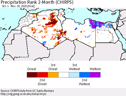 North Africa Precipitation Rank since 1981, 2-Month (CHIRPS) Thematic Map For 10/1/2020 - 11/30/2020