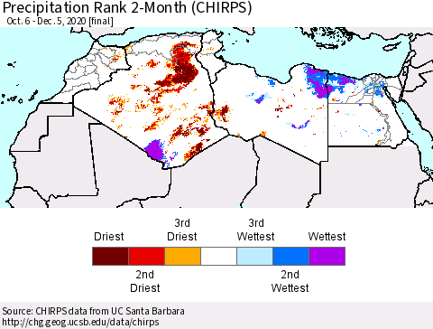 North Africa Precipitation Rank since 1981, 2-Month (CHIRPS) Thematic Map For 10/6/2020 - 12/5/2020