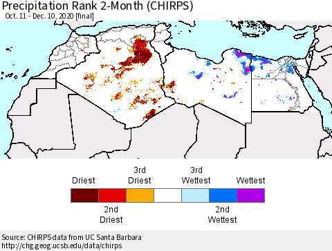 North Africa Precipitation Rank since 1981, 2-Month (CHIRPS) Thematic Map For 10/11/2020 - 12/10/2020