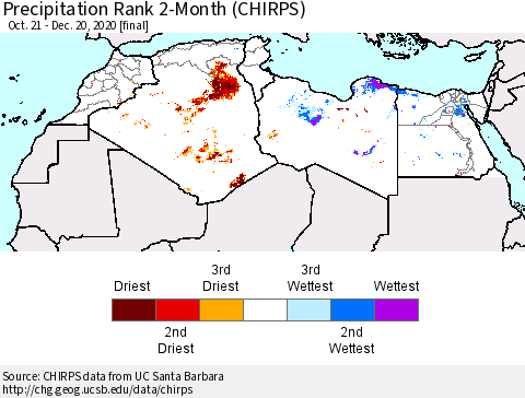 North Africa Precipitation Rank since 1981, 2-Month (CHIRPS) Thematic Map For 10/21/2020 - 12/20/2020
