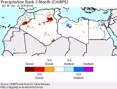 North Africa Precipitation Rank since 1981, 2-Month (CHIRPS) Thematic Map For 10/26/2020 - 12/25/2020