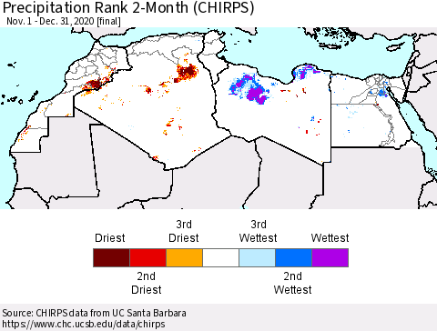 North Africa Precipitation Rank since 1981, 2-Month (CHIRPS) Thematic Map For 11/1/2020 - 12/31/2020