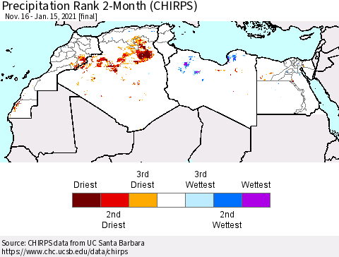 North Africa Precipitation Rank since 1981, 2-Month (CHIRPS) Thematic Map For 11/16/2020 - 1/15/2021