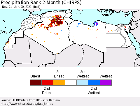 North Africa Precipitation Rank since 1981, 2-Month (CHIRPS) Thematic Map For 11/21/2020 - 1/20/2021