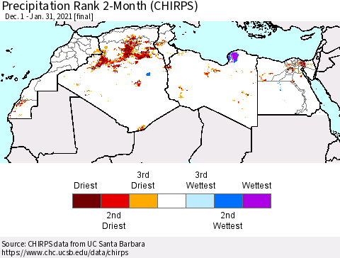 North Africa Precipitation Rank since 1981, 2-Month (CHIRPS) Thematic Map For 12/1/2020 - 1/31/2021
