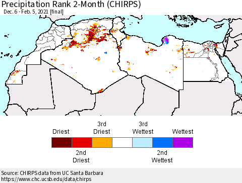 North Africa Precipitation Rank since 1981, 2-Month (CHIRPS) Thematic Map For 12/6/2020 - 2/5/2021
