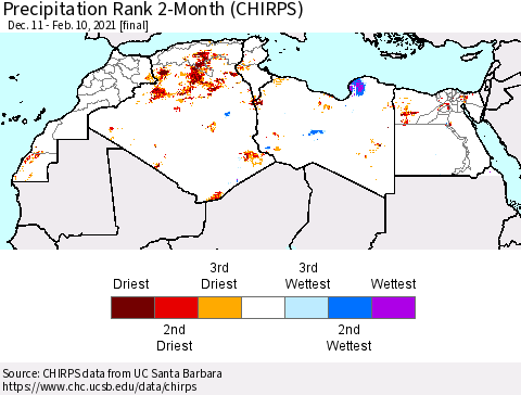 North Africa Precipitation Rank since 1981, 2-Month (CHIRPS) Thematic Map For 12/11/2020 - 2/10/2021