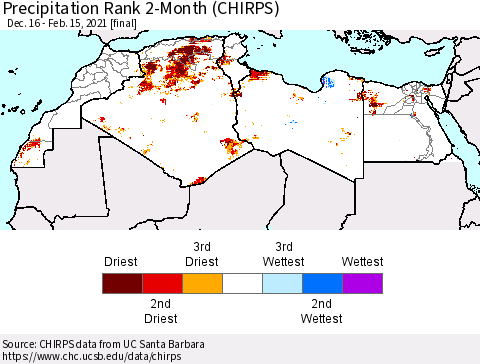 North Africa Precipitation Rank since 1981, 2-Month (CHIRPS) Thematic Map For 12/16/2020 - 2/15/2021