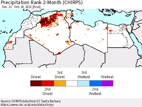 North Africa Precipitation Rank since 1981, 2-Month (CHIRPS) Thematic Map For 12/21/2020 - 2/20/2021