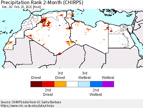 North Africa Precipitation Rank since 1981, 2-Month (CHIRPS) Thematic Map For 12/26/2020 - 2/25/2021