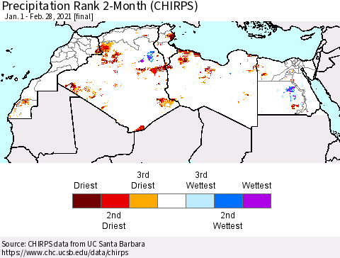 North Africa Precipitation Rank since 1981, 2-Month (CHIRPS) Thematic Map For 1/1/2021 - 2/28/2021