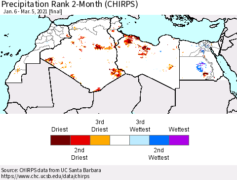 North Africa Precipitation Rank since 1981, 2-Month (CHIRPS) Thematic Map For 1/6/2021 - 3/5/2021