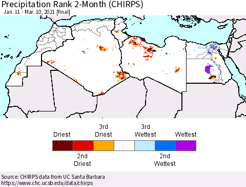 North Africa Precipitation Rank since 1981, 2-Month (CHIRPS) Thematic Map For 1/11/2021 - 3/10/2021