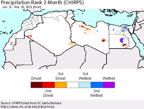 North Africa Precipitation Rank since 1981, 2-Month (CHIRPS) Thematic Map For 1/21/2021 - 3/20/2021