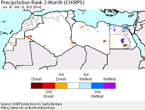 North Africa Precipitation Rank since 1981, 2-Month (CHIRPS) Thematic Map For 1/26/2021 - 3/25/2021