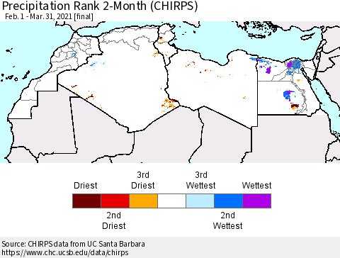 North Africa Precipitation Rank since 1981, 2-Month (CHIRPS) Thematic Map For 2/1/2021 - 3/31/2021