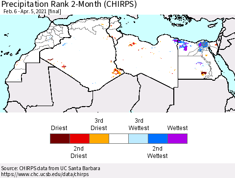 North Africa Precipitation Rank since 1981, 2-Month (CHIRPS) Thematic Map For 2/6/2021 - 4/5/2021