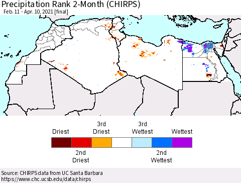 North Africa Precipitation Rank since 1981, 2-Month (CHIRPS) Thematic Map For 2/11/2021 - 4/10/2021