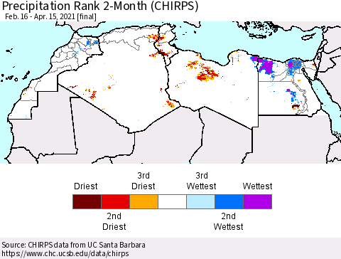 North Africa Precipitation Rank since 1981, 2-Month (CHIRPS) Thematic Map For 2/16/2021 - 4/15/2021