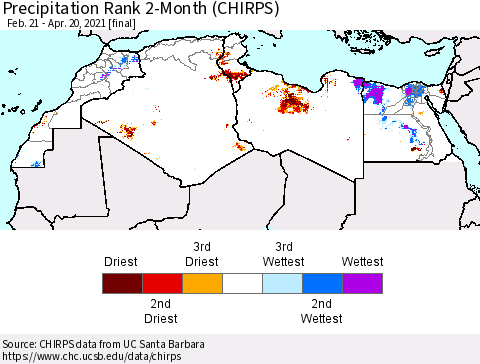 North Africa Precipitation Rank since 1981, 2-Month (CHIRPS) Thematic Map For 2/21/2021 - 4/20/2021
