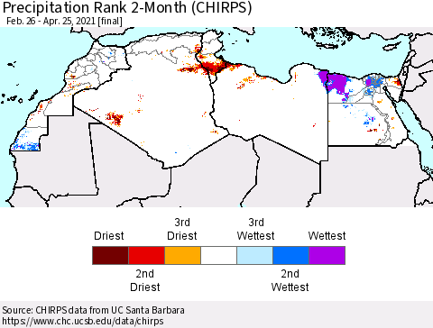 North Africa Precipitation Rank since 1981, 2-Month (CHIRPS) Thematic Map For 2/26/2021 - 4/25/2021