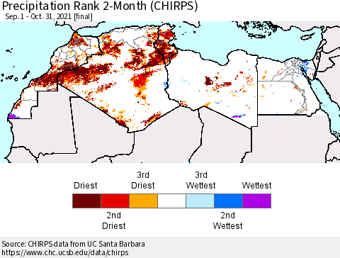 North Africa Precipitation Rank since 1981, 2-Month (CHIRPS) Thematic Map For 9/1/2021 - 10/31/2021