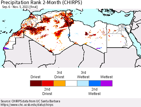 North Africa Precipitation Rank since 1981, 2-Month (CHIRPS) Thematic Map For 9/6/2021 - 11/5/2021