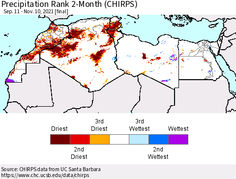 North Africa Precipitation Rank since 1981, 2-Month (CHIRPS) Thematic Map For 9/11/2021 - 11/10/2021