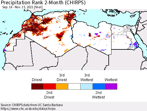 North Africa Precipitation Rank since 1981, 2-Month (CHIRPS) Thematic Map For 9/16/2021 - 11/15/2021