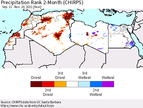 North Africa Precipitation Rank since 1981, 2-Month (CHIRPS) Thematic Map For 9/21/2021 - 11/20/2021